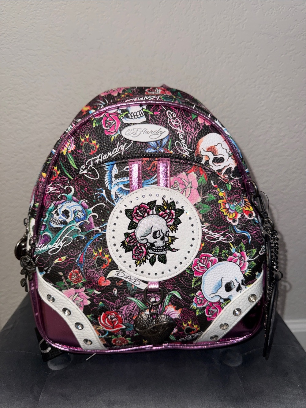 Ed Hardy Pink and Black Floral Skull Mini Backpack
